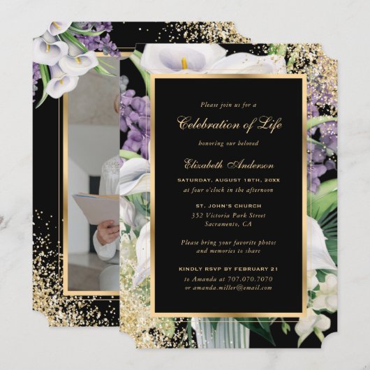 Zwart Goud Calla Lilies Foto Viering van het Leven Kaart (Voorkant / Achterkant)