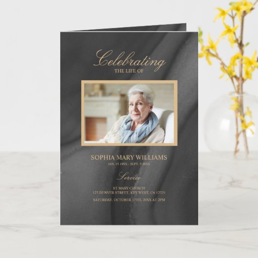 Zwart & Goud Calligrafie Memorial Programma (Gele Bloem)