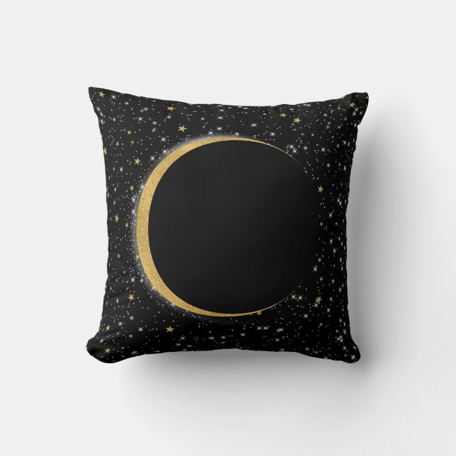 Zwart & Goud Celestial Maan Magische Maansterren Kussen (Voorkant)