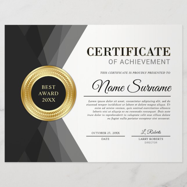 Zwart & Goud Certificaat van Verwezenlijking Award (Voorkant)