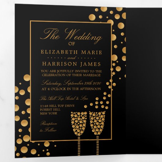 Zwart & Goud Champagne Bubbels, Trouwsuite Drieluik Uitnodiging (Binnenzijde eerst)
