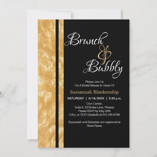 Zwart & Goud Champagne Bubble Brunch & Bubble Kaart (Voorkant)