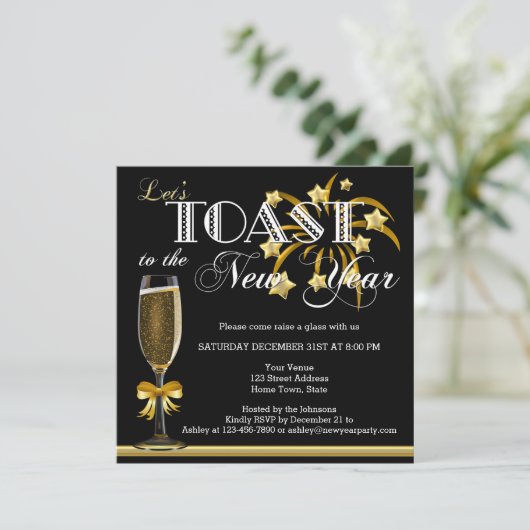 Zwart Goud Champagne Oud en Nieuw Uitnodiging (Staand voorkant)