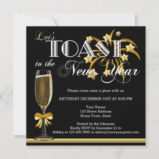 Zwart Goud Champagne Oud en Nieuw Uitnodiging (Voorkant)