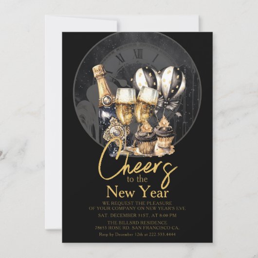 Zwart Goud Champagne Oud en Nieuw Viering Kaart (Voorkant)