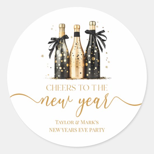 Zwart Goud Champagne Proost Nieuwjaarsfeest Ronde Sticker (Voorkant)