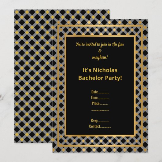 ZWART GOUD CHECK BACHELOR PARTY UITNODIGING (Voorkant / Achterkant)
