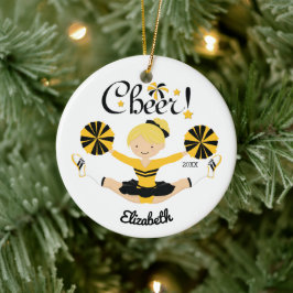 Zwart & Goud Cheer Blond Cheerleader Ornament