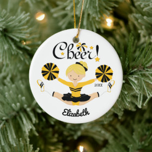 Zwart & Goud Cheer Blond Cheerleader Ornament