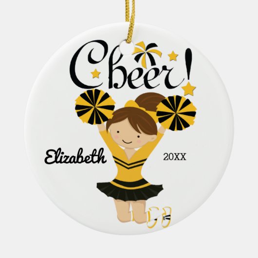 Zwart & Goud Cheer Bruine Cheerleader Ornament (Voorkant)