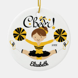 Zwart & Goud Cheer Brunette Cheerleader Ornament