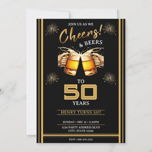 Zwart & Goud Cheers & Beers 50 Jaar 50e Verjaardag Kaart (Voorkant)