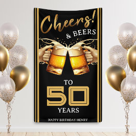 Zwart & Goud Cheers & Beers 50 Jaar 50e Verjaardag Spandoek
