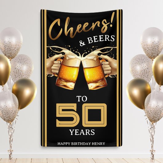 Zwart & Goud Cheers & Beers 50 Jaar 50e Verjaardag Spandoek