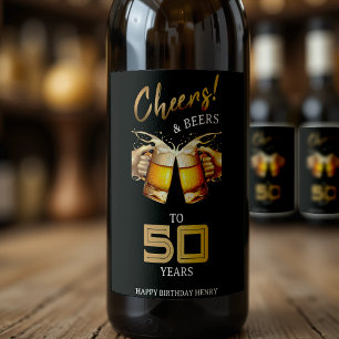 Zwart & Goud Cheers & Beers 50 Jaar 50e Verjaardag Wijn Etiket