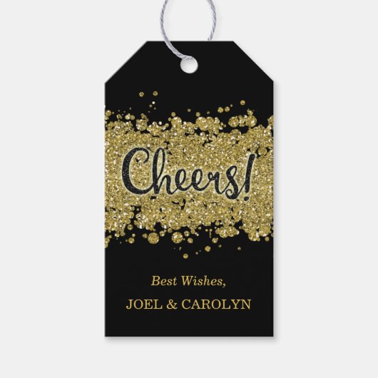 Zwart/Goud Cheers Faux-Glitter Stripes Custom Cadeaulabel (Voorkant)