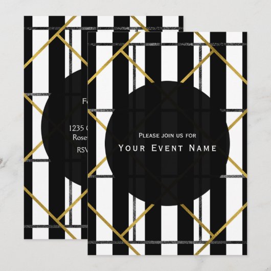 Zwart & Goud Chique Glam Geometrische Feest Uitnod Kaart (Voorkant / Achterkant)