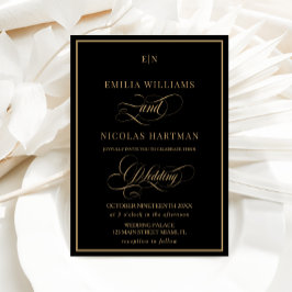 Zwart Goud Classic Monogram Huwelijk Kaart