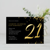 Zwart Goud Confetti 21e Verjaardag Folie Uitnodiging (Staand Voorkant)