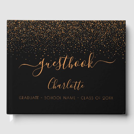 Zwart goud confetti afstudeerfeest gastenboek (Voorkant)