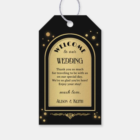 Zwart Goud Confetti Bruiloft Cadeaulabel (Voorkant)