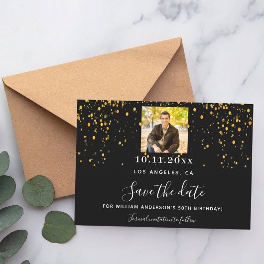 Zwart goud confetti foto verjaardag save the date