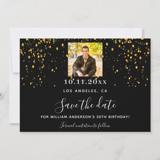 Zwart goud confetti foto verjaardag save the date (Voorkant)