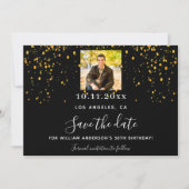 Zwart goud confetti foto verjaardag save the date (Voorkant)