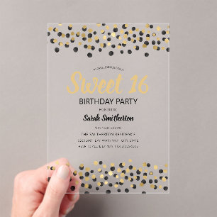 Zwart Goud Confetti Glitter Sweet 16 Acryl Uitnodigingen
