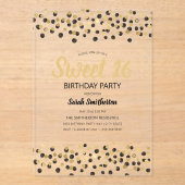 Zwart Goud Confetti Glitter Sweet 16 Acryl Uitnodigingen (Voorkant)
