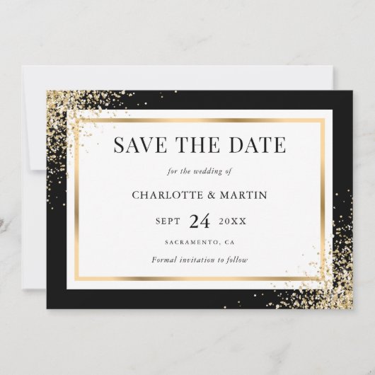 Zwart Goud Confetti Lijst bruiloft Save The Date (Voorkant)