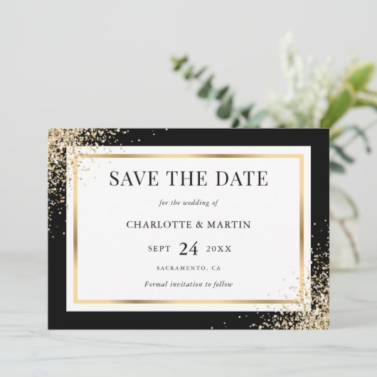 Zwart Goud Confetti Lijst bruiloft Save The Date (Staand voorkant)
