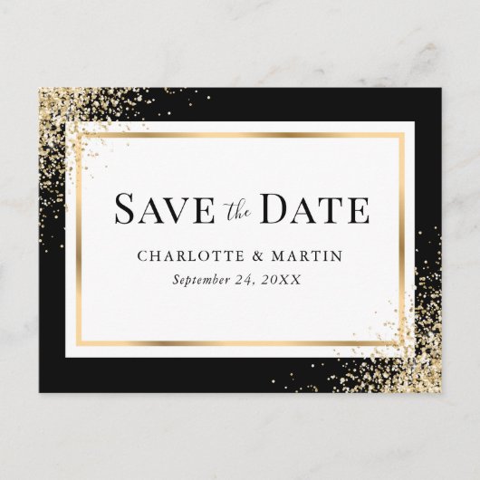 Zwart Goud Confetti Lijst Elegant Huwelijk Aankondigingskaart (Voorkant)