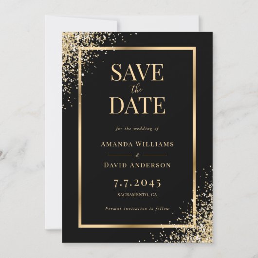Zwart Goud Confetti Lijst Elegant Huwelijk Save The Date (Voorkant)