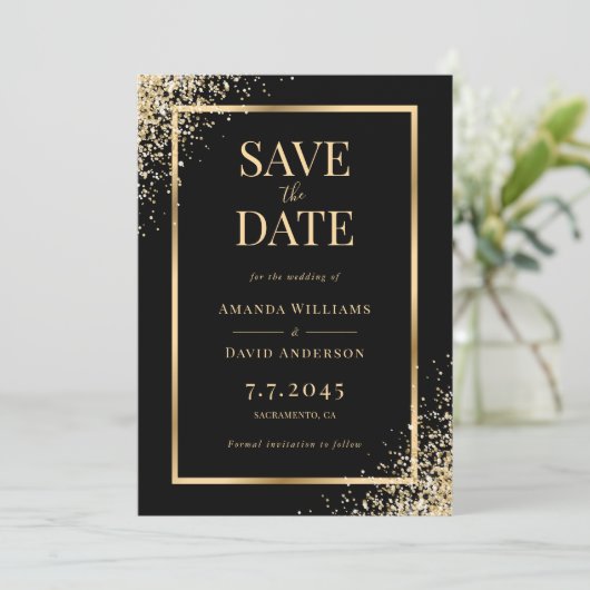 Zwart Goud Confetti Lijst Elegant Huwelijk Save The Date (Staand voorkant)