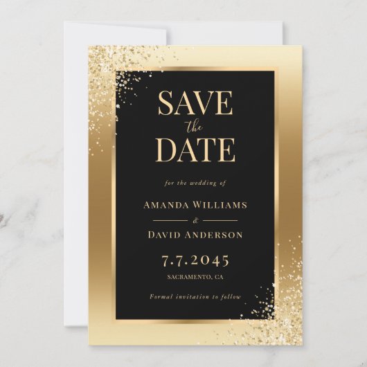 Zwart Goud Confetti Lijst Elegant Huwelijk Save The Date (Voorkant)
