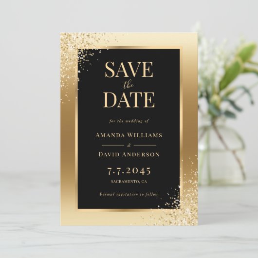 Zwart Goud Confetti Lijst Elegant Huwelijk Save The Date (Staand voorkant)
