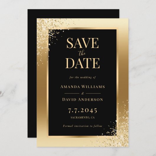 Zwart Goud Confetti Lijst Elegant Huwelijk Save The Date (Voorkant / Achterkant)