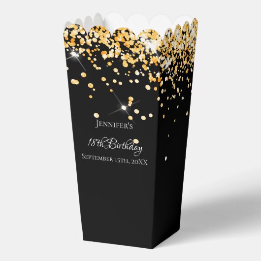 Zwart goud confetti naam verjaardag bedankdoosjes (Achterkant)