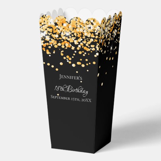 Zwart goud confetti naam verjaardag bedankdoosjes (Voorkant)