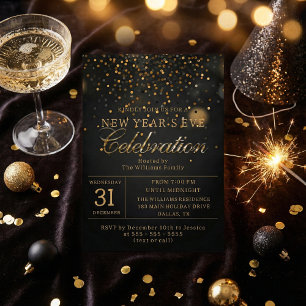 Zwart & Goud Confetti Oud en Nieuw Feest Kaart