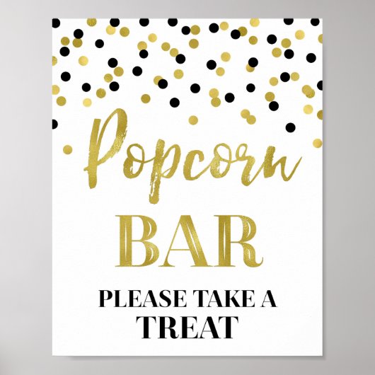 Zwart Goud Confetti Popcorn Bar Teken Poster (Voorkant)