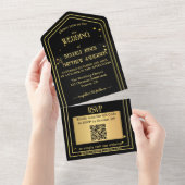 Zwart Goud Confetti QR Code Bruiloft All In One Uitnodiging (Afscheurbaar)