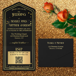 Zwart Goud Confetti QR Code Bruiloft All In One Uitnodiging