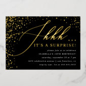 Zwart & Goud Confetti Script Verrassingsfeest Folie Uitnodiging (Voorkant)