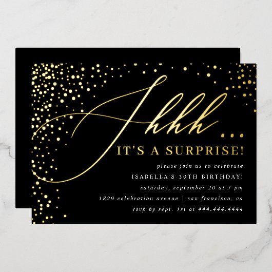 Zwart & Goud Confetti Script Verrassingsfeest Folie Uitnodiging (Voorkant / Achterkant)