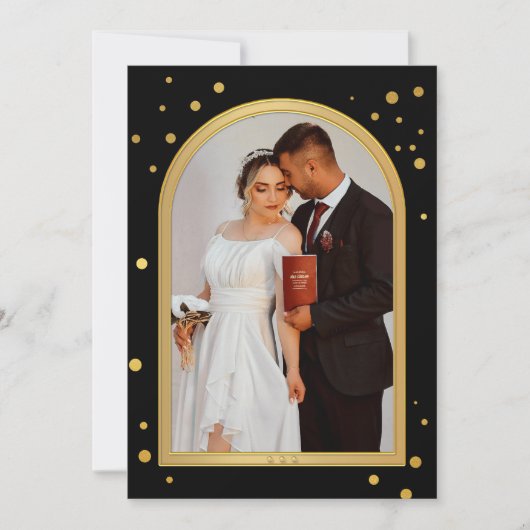 Zwart Goud Confetti Sparkles Bruiloft Foto Bedankkaart (Voorkant)