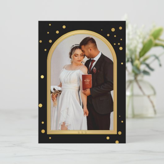 Zwart Goud Confetti Sparkles Bruiloft Foto Bedankkaart (Staand voorkant)