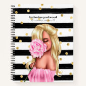Zwart Goud Confetti Stippen Blond Meisje Roze Bloe Notitieboek (Voorkant)