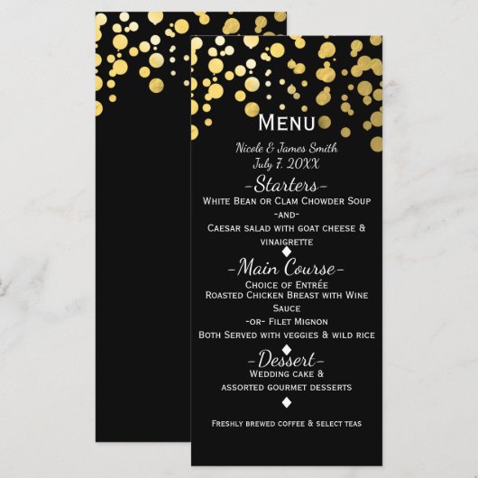 Zwart & Goud Confetti Stippen Modern Glamour Menu (Voorkant / Achterkant)